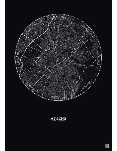 Athens City Map Poster 6km | Gravura – Dark background