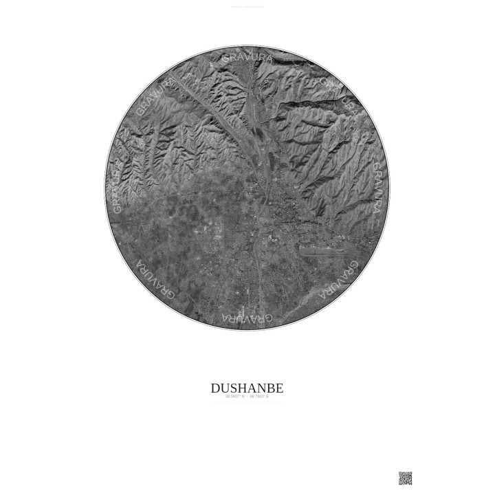 Dushanbe Satellite View Poster 10km B&W | Gravura – Light background