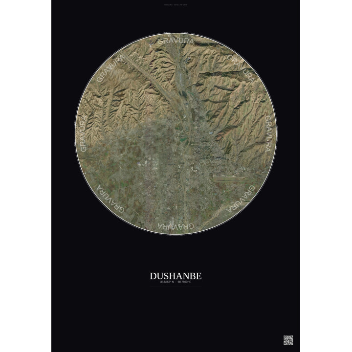 Affiche Dushanbe – Poster vue satellite 10km Couleur | Gravura – Fond foncé