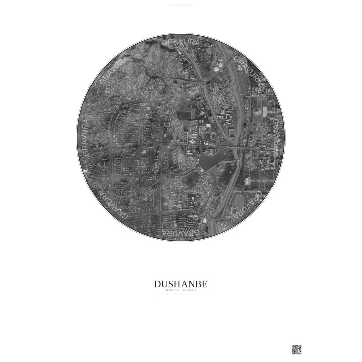 Affiche Dushanbe – Poster vue satellite 2.5km N&B | Gravura – Fond clair