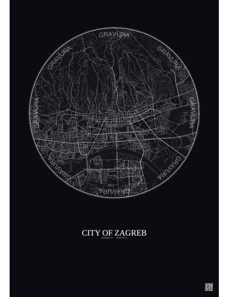 City Of Zagreb City Map Poster 6km | Gravura – Dark background