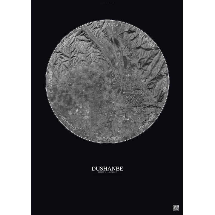 Affiche Dushanbe – Poster vue satellite 6km N&B | Gravura – Fond foncé
