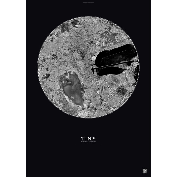 Tunis Satellite View Poster 10km B&W | Gravura – Dark background