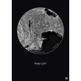 Affiche Baku City – Poster vue satellite 10km N&B | Gravura – Fond foncé