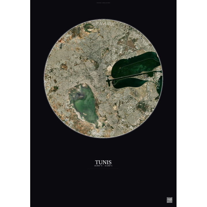 Affiche Tunis – Poster vue satellite 10km Couleur | Gravura – Fond foncé
