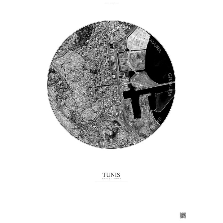 Affiche Tunis – Poster vue satellite 2.5km N&B | Gravura – Fond clair