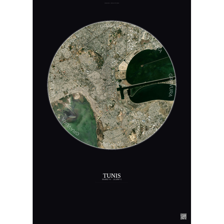 Affiche Tunis – Poster vue satellite 6km Couleur | Gravura – Fond foncé