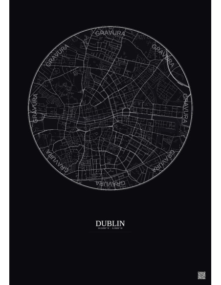 Affiche Dublin – Poster carte de ville 2.5km | Gravura – Fond foncé
