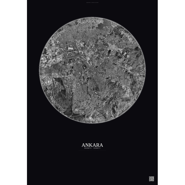 Affiche Ankara – Poster vue satellite 10km N&B | Gravura – Fond foncé