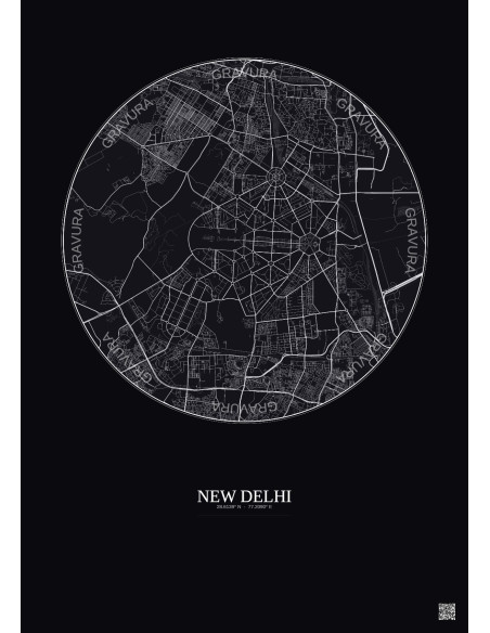 Affiche New Delhi – Poster carte de ville 6km | Gravura – Fond foncé