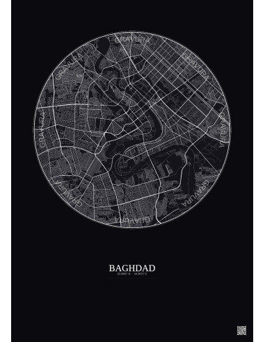 Affiche Baghdad – Poster carte de ville 10km | Gravura – Fond foncé