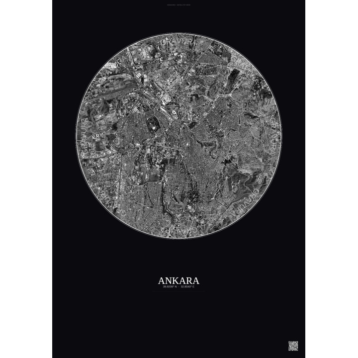 Affiche Ankara – Poster vue satellite 6km N&B | Gravura – Fond foncé