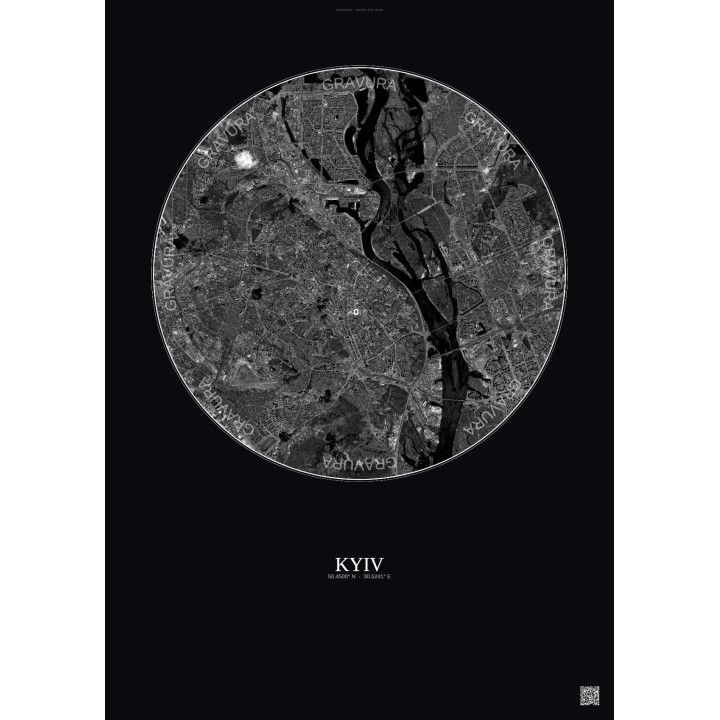 Affiche Kyiv – Poster vue satellite 10km N&B | Gravura – Fond foncé