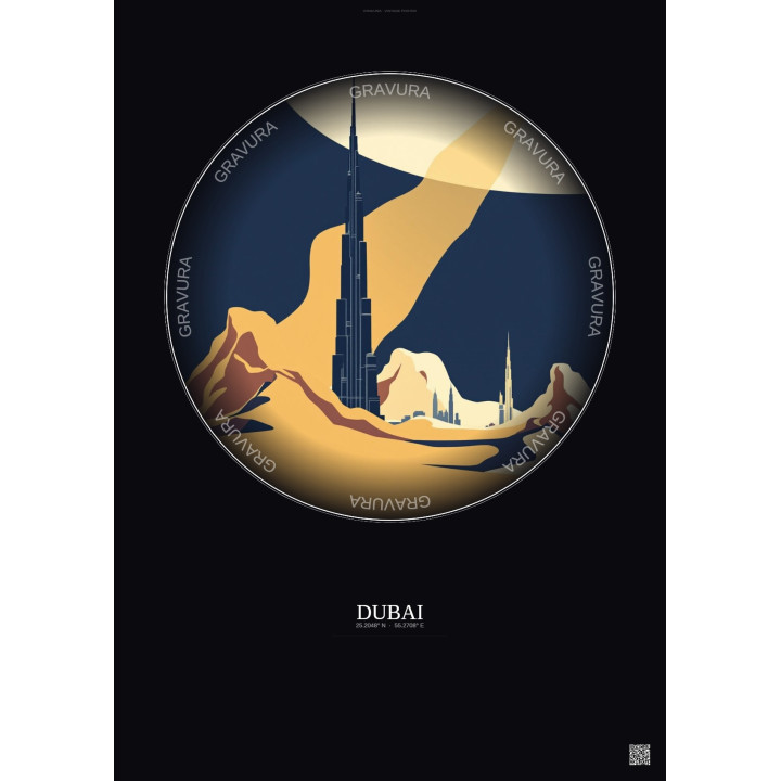 Affiche Dubai – Poster illustration vintage – Burj Khalifa | Gravura – Fond foncé