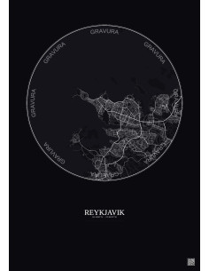 Reykjavik City Map Poster 10km | Gravura – Dark background
