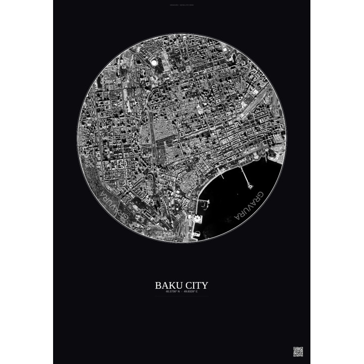Affiche Baku City – Poster vue satellite 2.5km N&B | Gravura – Fond foncé
