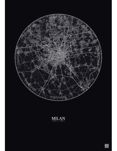 Affiche Milan – Poster carte de ville 20km | Gravura – Fond foncé