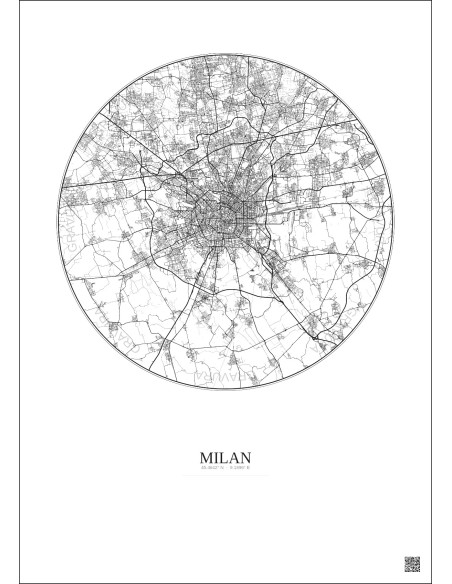 Affiche Milan – Poster carte de ville 20km | Gravura – Fond clair