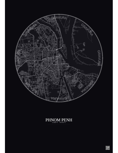 Affiche Phnom Penh – Poster carte de ville 10km | Gravura – Fond foncé