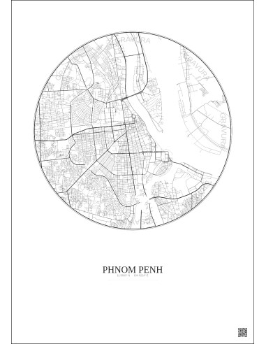 Affiche Phnom Penh – Poster carte de ville 6km | Gravura – Fond clair