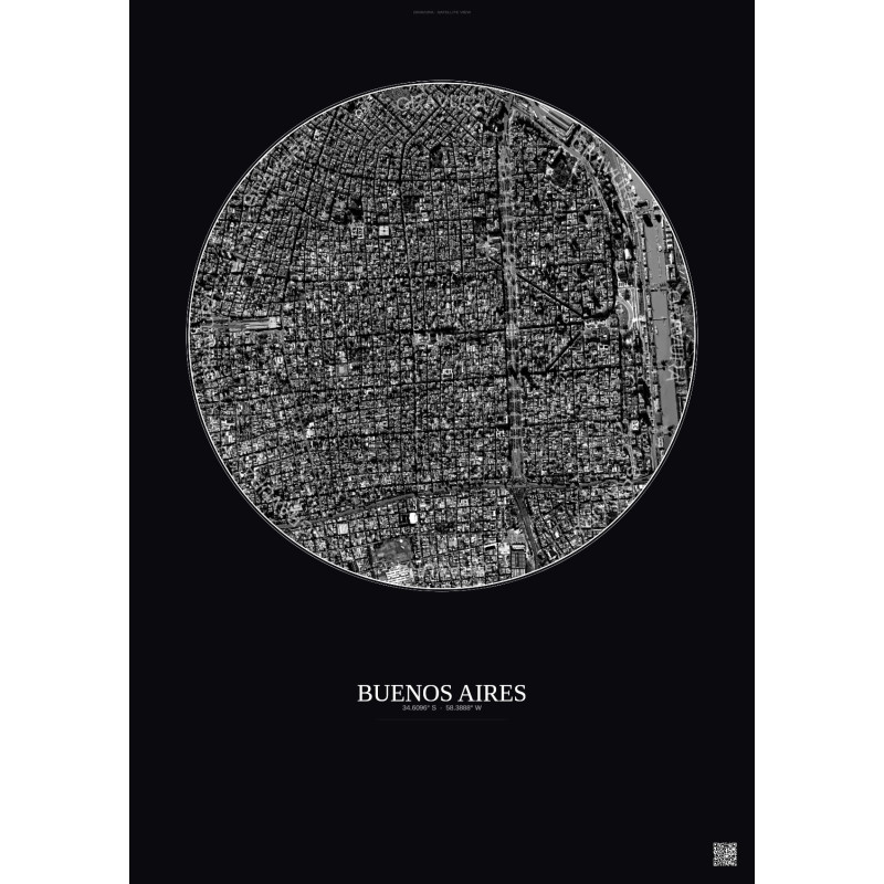 Affiche Buenos Aires – Poster vue satellite 2.5km N&B | Gravura – Fond foncé