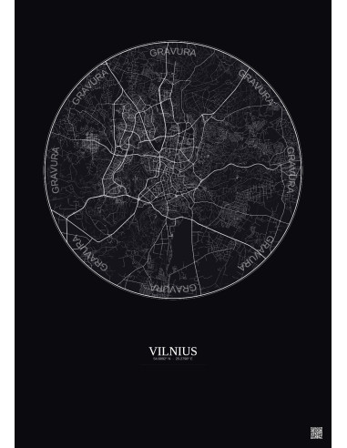 Affiche Vilnius – Poster carte de ville 10km | Gravura – Fond foncé