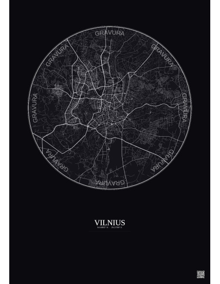 Affiche Vilnius – Poster carte de ville 10km | Gravura – Fond foncé