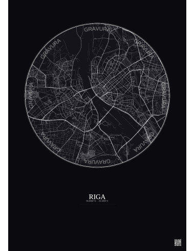 Affiche Riga – Poster carte de ville 6km | Gravura – Fond foncé