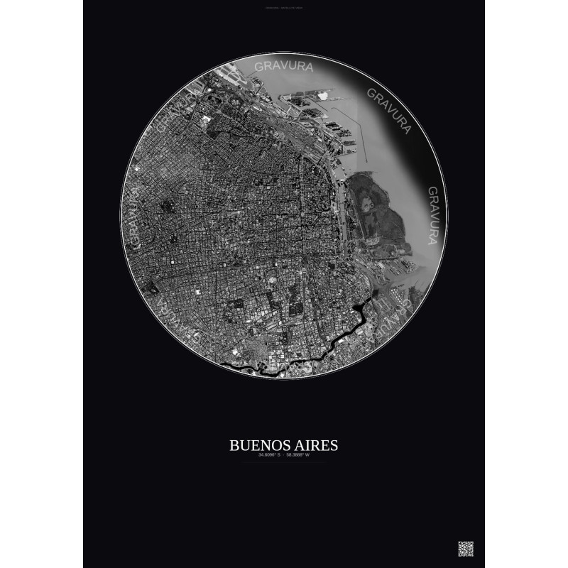 Affiche Buenos Aires – Poster vue satellite 6km N&B | Gravura – Fond foncé