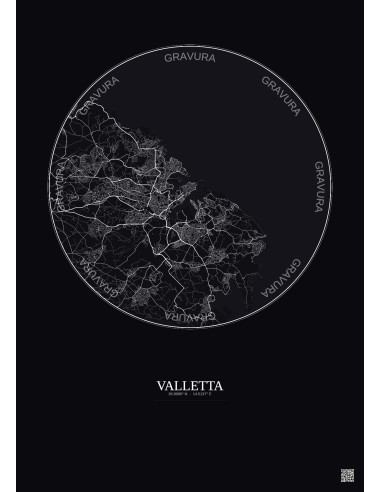 Affiche Valletta – Poster carte de ville 10km | Gravura – Fond foncé