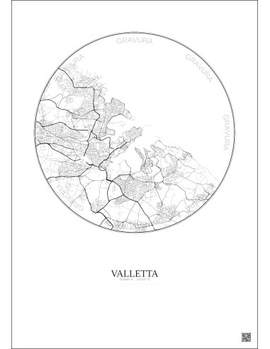 Affiche Valletta – Poster carte de ville 6km | Gravura – Fond clair