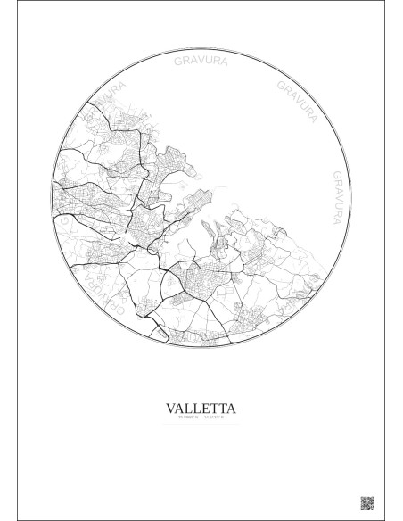 Affiche Valletta – Poster carte de ville 6km | Gravura – Fond clair
