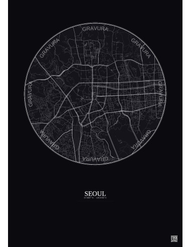 Affiche Seoul – Poster carte de ville 2.5km | Gravura – Fond foncé