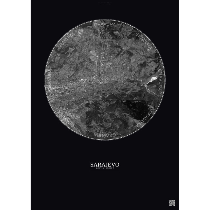 Affiche Sarajevo – Poster vue satellite 6km N&B | Gravura – Fond foncé