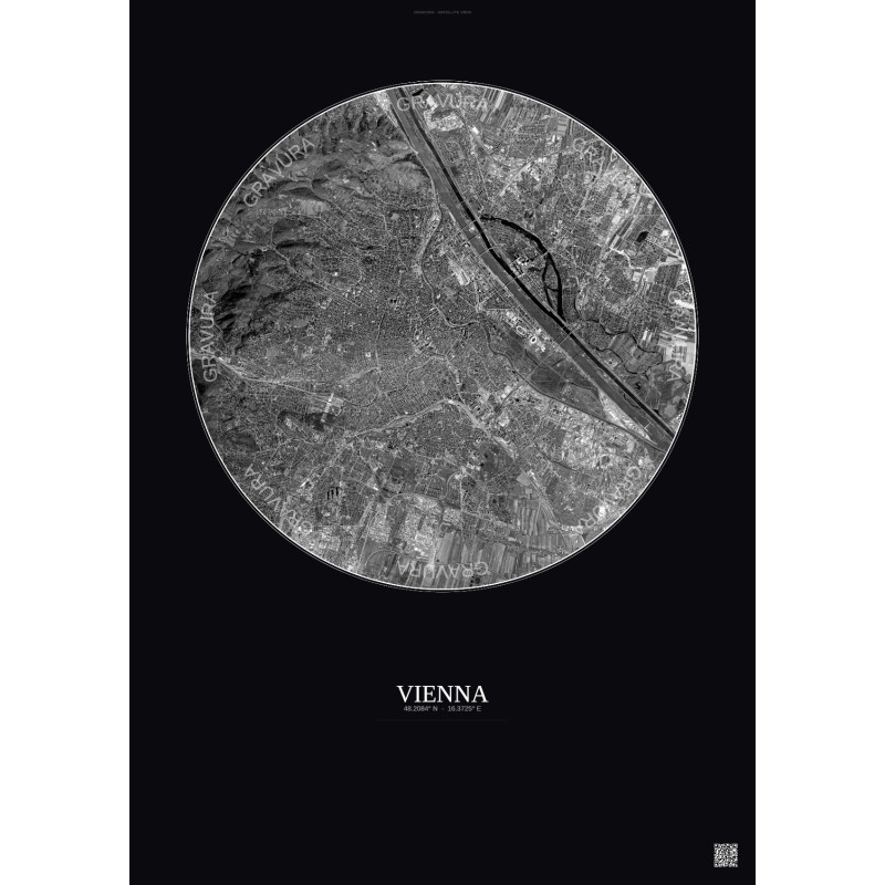 Affiche Vienna – Poster vue satellite 10km N&B | Gravura – Fond foncé