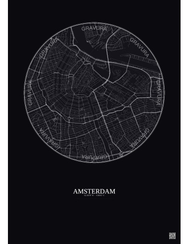 Affiche Amsterdam – Poster carte de ville 2.5km | Gravura – Fond foncé