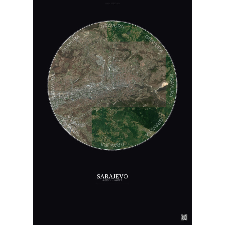 Affiche Sarajevo – Poster vue satellite 6km Couleur | Gravura – Fond foncé